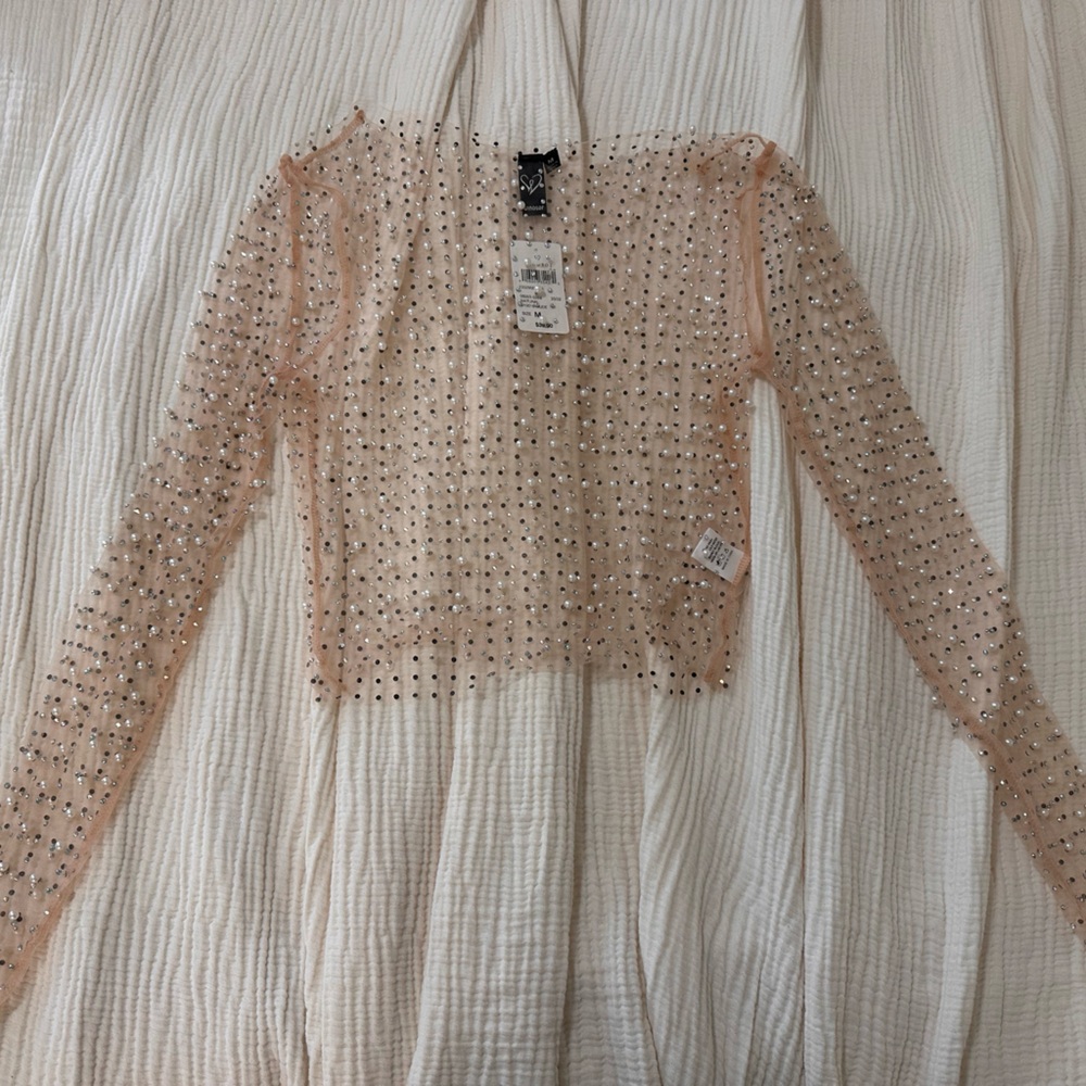 Windsor Nude Sheer Top with Pearl and Stud Accents